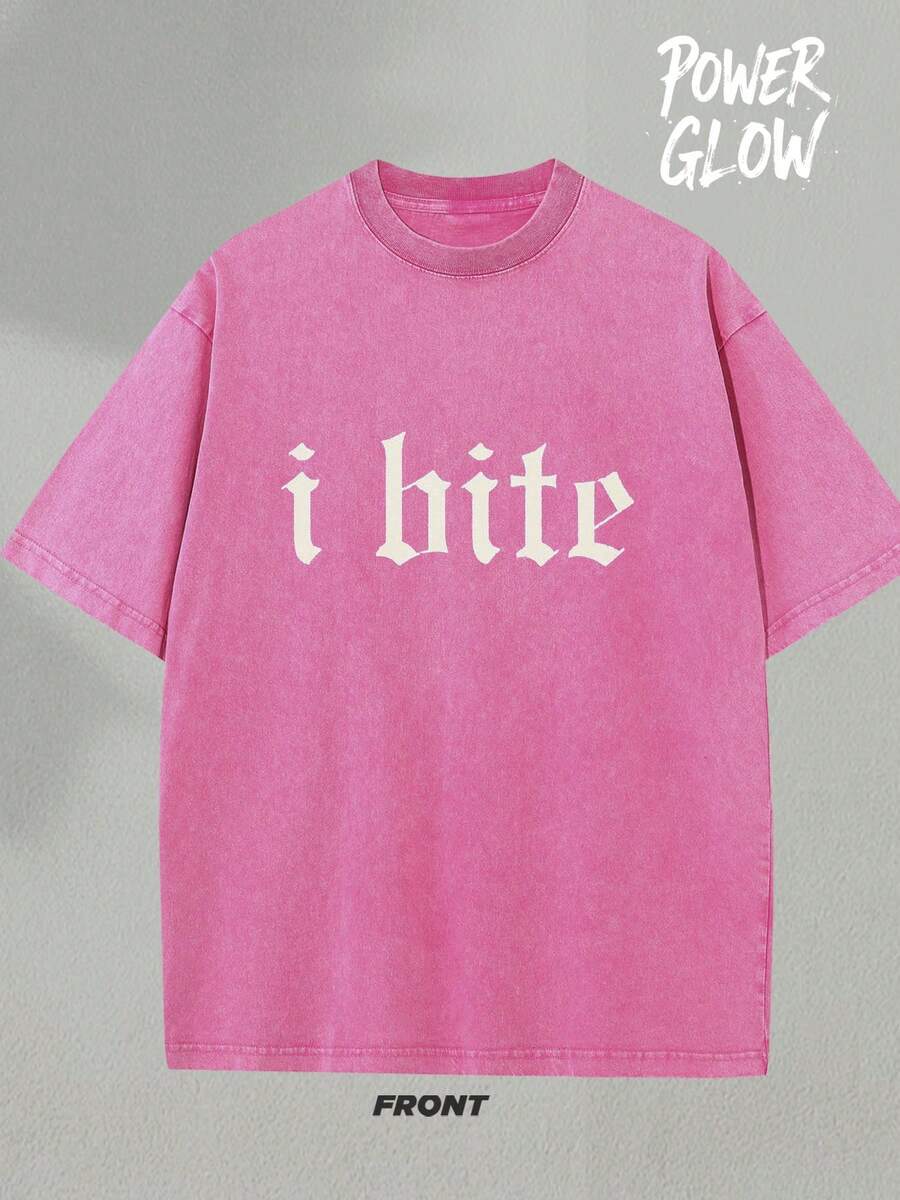 I Bite Graphic Tee Washed T-Shirt Holiday Gifts Y2K Men's Graphic Tees, Street - Style Vintage Washed T - Shirts, 230G Cotton T - Shirts, 100% Pure Cotton, Unisex Graphic Tees Halloween Back To School Shirts - 玫紅色 - 查看 1
