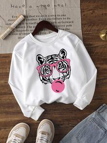 1件少女休闲印花圆领卫衣，加厚长袖套头衫，适合学生，秋冬季 - 眼镜老虎印花卫衣，适合想要脱颖而出的动物爱好者 - 白色 - 查看 2