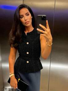 Áo hai dây nữ có khuy cài, viền bèo nhún, dây đeo bản rộng, áo blazer mỏng không tay cài kim loại kiểu Pháp cơ bản dành cho nữ mùa hè màu đen - màu đen - Xem 6