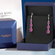 Gem Stone King 3-Stone Leverback Drop Dangle Earrings Women |   925 Sterling Silver |   Gemstone Birthstone |   Oval 8X6MM 7X5MM And 6X4MM |   Fine Jewelry Gifts Her Mom Women Wife - 粉紅色人造藍寶石,九月 - 查看 5