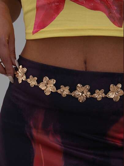 1pc Vintage Exaggerated Asymmetrical Floral Body Chain, Metal Carved Waist Chain, Beach Resort Party Jewelry Body Accessory
