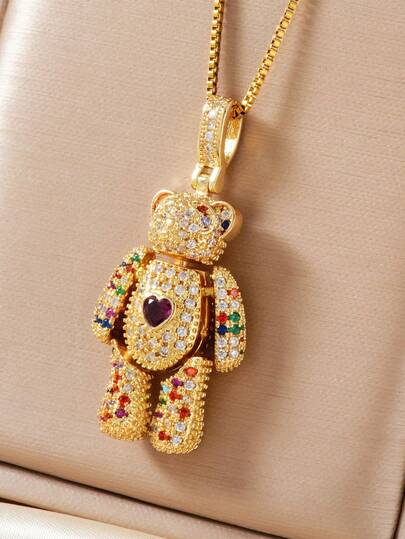 Exquisite Zirconia Studded Teddy Bear Pendant Necklace, Luxury Minimalist Style