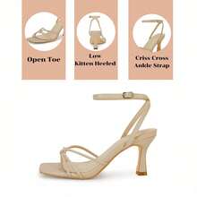 Women Square Open Toe Ankle Buckle Slingback Kitten Heels Summer Dress Sandals - 杏色 - 查看 6