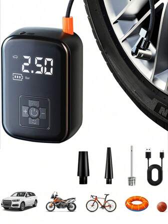 Gonfiatore portatile per pneumatici - Accessori per auto, senza fili con manometro digitale, compressore d'aria portatile con illuminazione a LED per auto. Gonfiaggio rapido, arresto automatico. Il modello C può essere utilizzato come caricabatterie portatile, batteria agli ioni di litio da 2000 mAh, accessori per pompa di gonfiaggio multipli gratuiti, pompa gonfiatore per pneumatici per auto/moto/bici/palloni/letti rimbalzanti. Regalo per le vacanze.