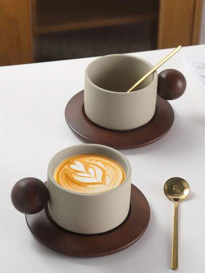 1pc Creative Minimalist Ceramic Coffee Cup & Saucer Set, With Wooden Ball Handle, Office & Casual Mug, Home Breakfast Cup, Latte Art Coffee Cup, Afternoon Tea Cup & Saucer, Practical Drinkware