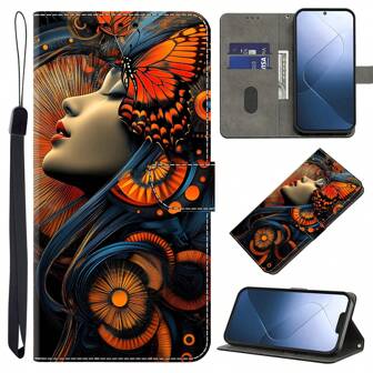 GLANDOTU Carteira de Couro PU Colorida e Criativa, Design de Menina Borboleta Sonhadora, Adequada para Samsung Galaxy e Outras Marcas, com Bordas Dobráveis Duplas, Slots para Cartões e Acompanhada de Cordão.