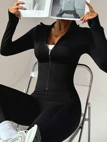 FWH Damski, dopasowany, oddychający zestaw do ćwiczeń, do biegania na świeżym powietrzu, z ochroną przeciwsłoneczną, zapinany na zamek błyskawiczny, elastyczny, prosty, wyszczuplający, modny, seksowny, wysokiej jakości, podstawowy, miejski, elastyczny, rekreacyjny, unikatowy kolor, podkreślający urodę, elegancka, obcisła, termiczna, podszyta, z długim rękawem kurtka do jogi - Czarne - Zobacz 3