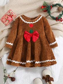 Set Gaun Plush Bayi Perempuan Bertema Natal, Pakaian Luar Hangat untuk Musim Gugur dan Musim Dingin - Coklat - View 1