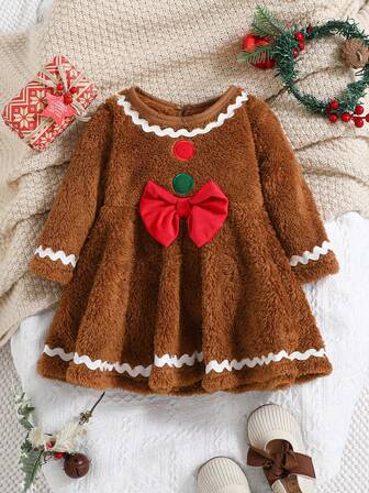 Christmas Style Baby Girls' Plush Dress Set, Warm Outdoor Wear For Autumn And Winter