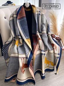 1pc Houndstooth & Horse Pattern Jacquard Knit Scarf, High-Quality Warm Scarf For Women, Suitable For Air-Conditioned Rooms, Fashion Versatile Neck Warmer For Autumn/Winter Women Winter Scarves For Dress - Multicolor - View 1