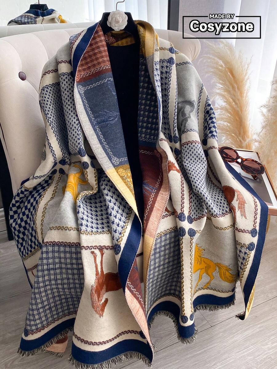 1pc Houndstooth & Horse Pattern Jacquard Knit Scarf, High-Quality Warm Scarf For Women, Suitable For Air-Conditioned Rooms, Fashion Versatile Neck Warmer For Autumn/Winter Women Winter Scarves For Dress - Multicolor - View 1