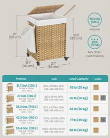 SONGMICS Laundry Hamper With Lid, 38.3 Gallons (145 L), Rolling Laundry Basket With Wheels, 2-Section Synthetic Rattan, Removable Liner, Bedroom, 21.7 X 15.7 X 26 Inches - 自然色 - 查看 5