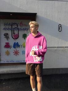 Y2K Pink Hoodie For Men "All We Need Is Love" Letter Design Autumn Harajuku Style Zipper Cardigan Hoodie - 粉色 - 查看 2
