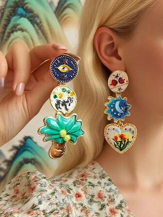 1 对复古百搭合金椰子树、花卉、心形、太阳独特不对称耳环，适合女士