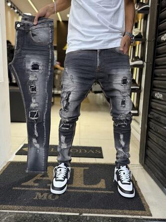 男士紧身破洞牛仔裤，弹力喇叭裤，磨损下摆，斜口袋，休闲百搭