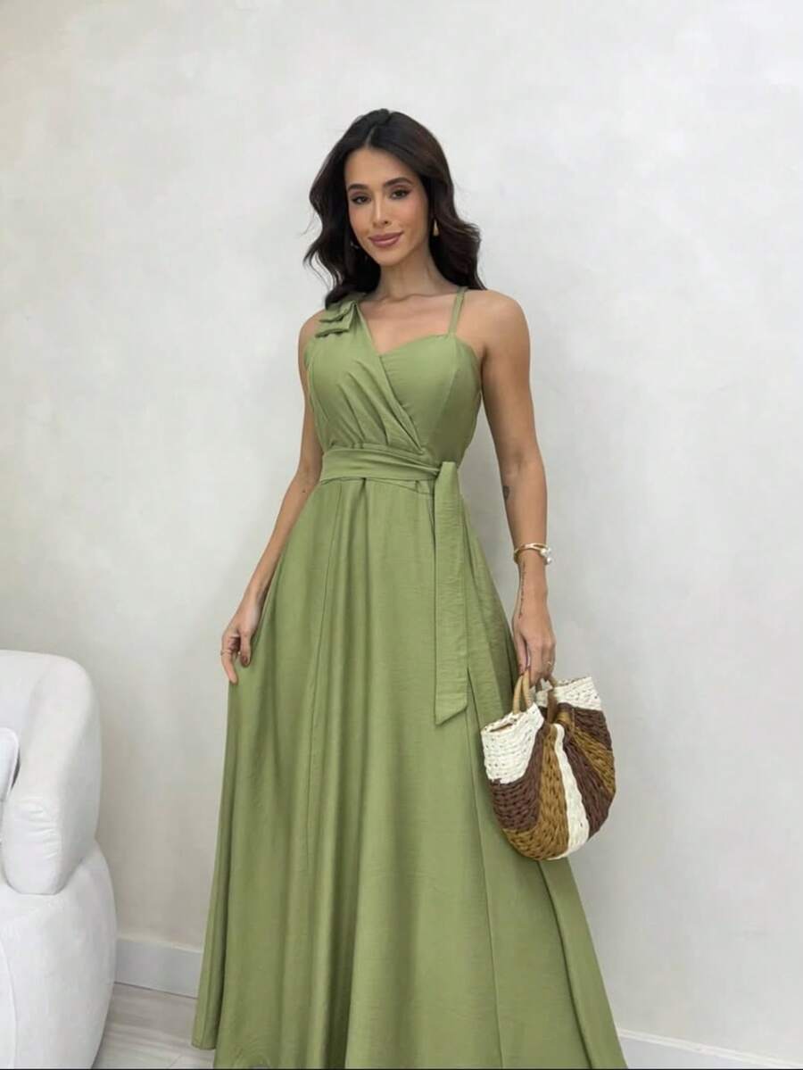 Women's Long Dress With Wrap Neckline And Lastex Cup - Elegant For Parties, Weddings And Special Events - 橄欖綠 - 查看 1