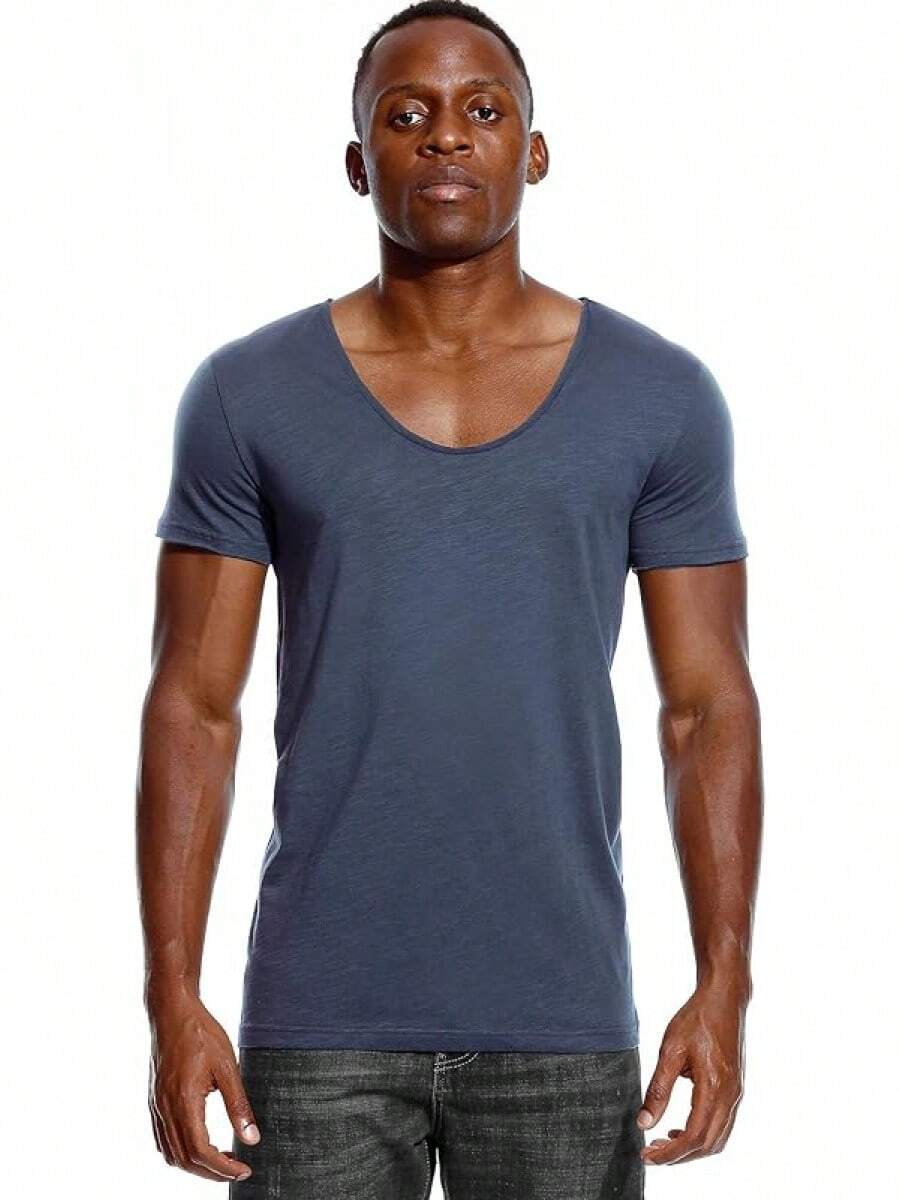 Deep V Neck T Shirt For Men Low Cut Scoop Tee Invisible Tshirt Vee Top - Xanh lam - Cổ thấp Vee - Xem 1