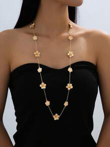 1pc Elegant Luxury Textured Gold Lucky Clover & Daisy Pendant Necklace, Fashion Sweater Chain For Women