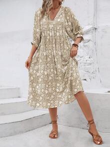 全印花打結領口襯衫袖連衣裙，時尚休閒日常裝 - 淺灰色 - 查看 3