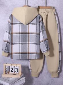 两件套男童格子连帽衫带口袋和运动裤套装，休闲百搭，适合秋冬季 - 卡其色 - 查看 2