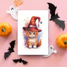 1 Stück süßer Halloween Zauber, orange getigerte Katze Hexe. Herbst Faltpostkarten mit farbigen Umschlägen, innen leer. Geschenke für sie, Freunde, Katzenliebhaber, 5*7 Zoll - mit dicken Umschlägen