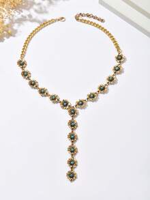 1 件复古夸张时尚微镶嵌蓝色仿绿松石花朵拼布 Y 形流苏长项链，奢华金色花卉毛衣链项链配饰适合女性日常、宴会、派对穿着 - 金色 - 查看 4