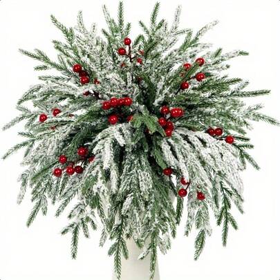 45pcs Artificial Norfolk Pine Branches With Red Berries, 12.8 Inch Christmas Green Norfolk Pine Stems Fake Pine Needles Branches For Vase Filler DIY Craft Wreath Home Decor Frost