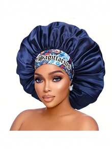 Constellation Print Satin Sleep Cap, Silk Sleep Hat, Soft & Comfortable, Suitable For Daily Makeup And Face Washing, Women Shower Cap (Random Print) Hair Sleep Cap Sleep Bonnet - Navy Blue-constellation (SM11) - View 23