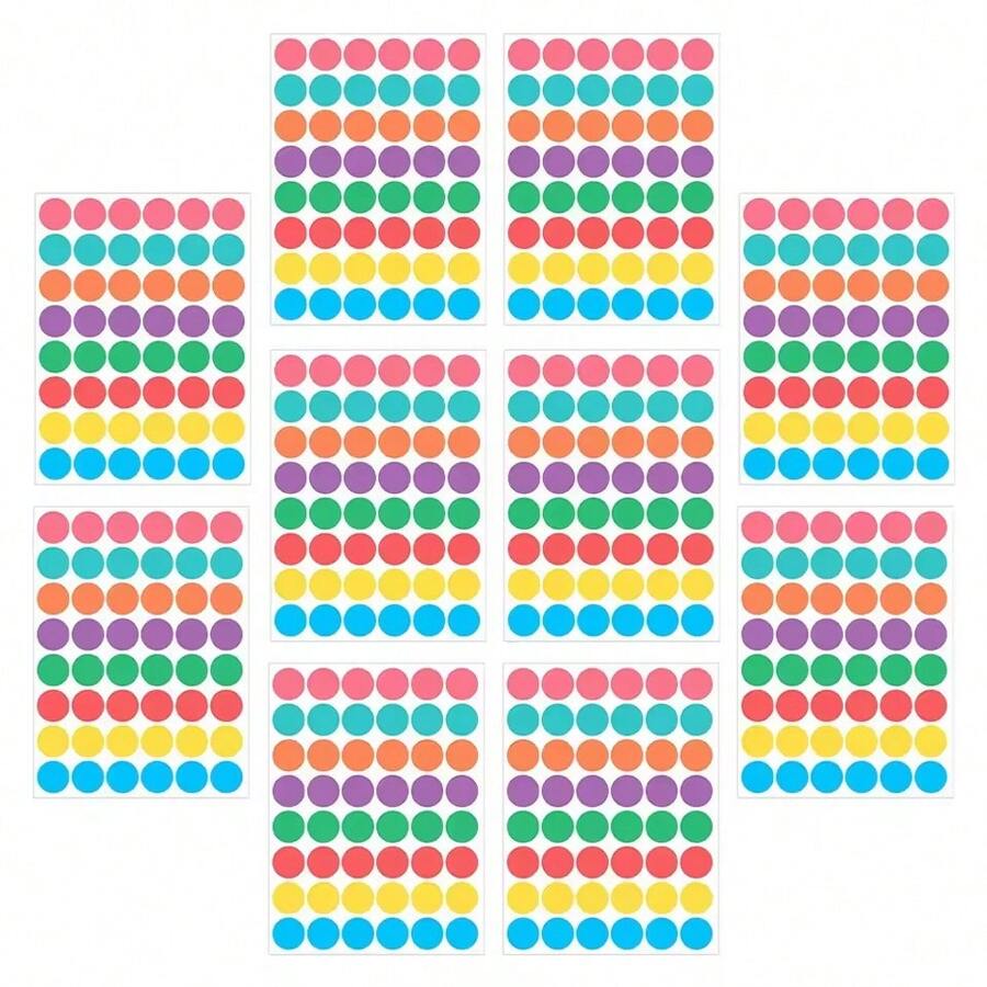 10 Folhas/480 Unidades Etiquetas Redondas Codificadas Coloridas, Adesivos Redondos Codificados em 8 Cores Variadas, Suprimentos Escolares e de Escritório