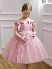 Young Girl Pink Lace Floral Beaded Bow Tulle Party Dress, Elegant Princess Gown Suitable For Girl's Birthday Party, Prom, Wedding Flower Girl - Pink - View 7