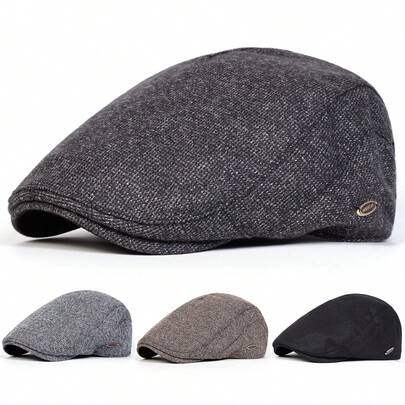 1 件男士纯色贝雷帽，街头时尚前卫帽，户外报童帽，温暖休闲帽，适合秋冬季、街头、商务派对