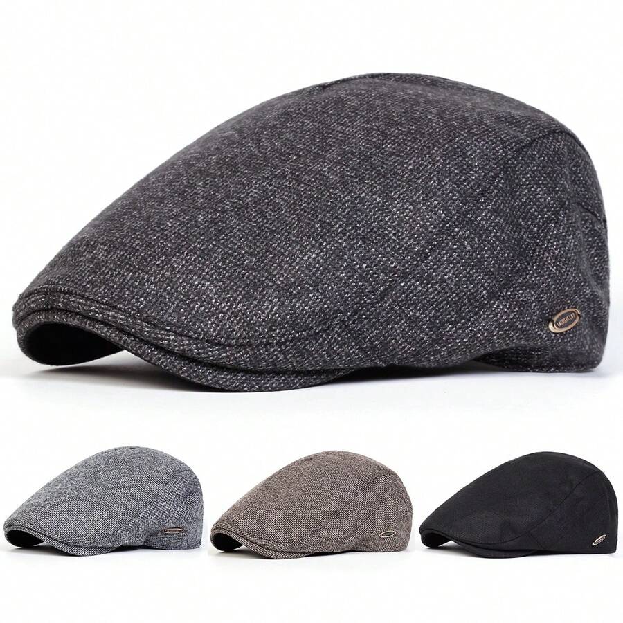 1 件男士纯色贝雷帽，街头时尚前卫帽，户外报童帽，温暖休闲帽，适合秋冬季、街头、商务派对 - 彩色 - 查看 1