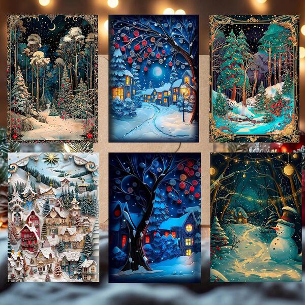 6Pcs 10*14.5mm Christmas Set Of 6 Holiday Greetings Decor Merry Christmas Cute Cards Fun Tree Design, 5.5x3.9 Inch Size For Loved Ones, Friends And Family Greeting Card Gift For Her Friend Daughter Mother Kids Gift