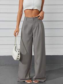 Women's Casual High Waist Wide Leg Pants With Pockets - 灰色 - 查看 3