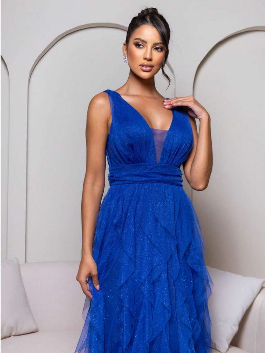 ELEGANT LONG WEDDING PARTY DRESS FOR GRADUATE BRIDESMAIDS WITH WATERFALL NECKLINE AND SKIRT - Xanh đậm - Xem 1