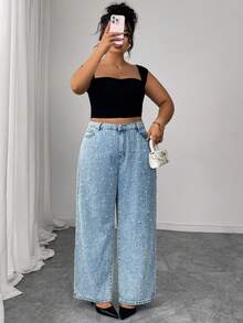 Jeans a gamba dritta con decorazione in perle per taglie forti donna