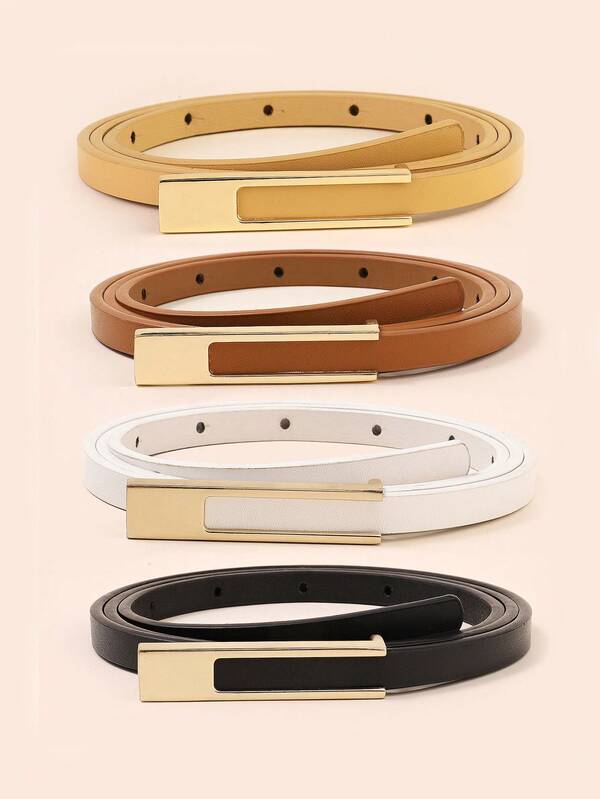 4pcs Women Square Metal Buckle Multicolor Pu Leather Belt Thin Belt Casual Style Dresses Belt Belt Daily Life Normal & Plus Size Summer, School Fall, Autumn, Halloween