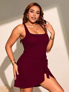 Swim Lushoire Váy bơi buộc dây phía trước màu trơn cỡ lớn, phong cách nghỉ dưỡng bãi biển - Màu Đỏ Sâu - Xem 3