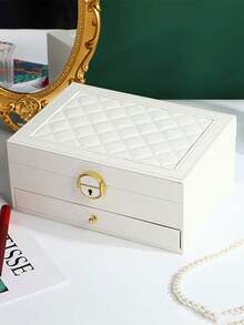 1pc Large Multi-Tier Jewelry Box With Lock, Double Drawer Jewelry Organizer, Multi-Functional Storage Box For Necklace, Rings, Earrings, Watches