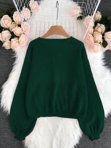 [Tops] Cárdigan de manga larga con nudo delantero de unicolor, minimalista, para usar en la oficina, vintage, simple, estilo francés, cárdigan de punto de unicolor con nudo delantero para mujer, se puede usar sobre blusas, cárdigan oversize y lindo - Verde Oscuro - Ver 5