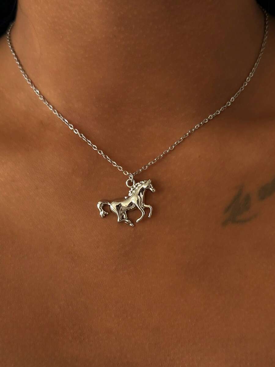 1 Stück kreative goldene galoppierendes Pferd Anhänger Halskette, Damen Party, Musikfestival, täglicher Schmuckzubehör, Kupfer Ornament - Silber - Übersicht 1
