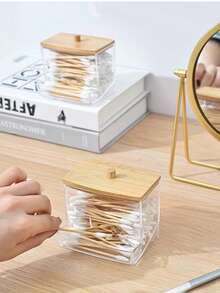 Cotton Swab Dispenser, Transparent Wooden Lid Medicine Bottle Container With Cover, Bathroom Canister, Cotton Ball Makeup Box, Cotton Swabs, Dental Floss, Bathroom Accessories, Bathroom Storage And Organization