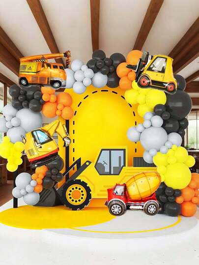 مجموعة إطار من البالونات اللاتكس باللون الأصفر والبرتقالي والأسود والرمادي 134 قطعة، ومجموعة من البالونات المعدنية بأشكال شاحنة التفريغ والرافعة والرافعة الشوكية والحفار والخلاطة الخرسانية لحفلة عيد الميلاد أو الحزب أو ديكور المنزل