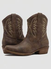 GLOBALWIN Square Toe Cowboy Boots For Women Western Boots With Low Heel Ankle Boots Cow Girls Outfits Women Fall Winter Spring Boots - 棕色 - 查看 1