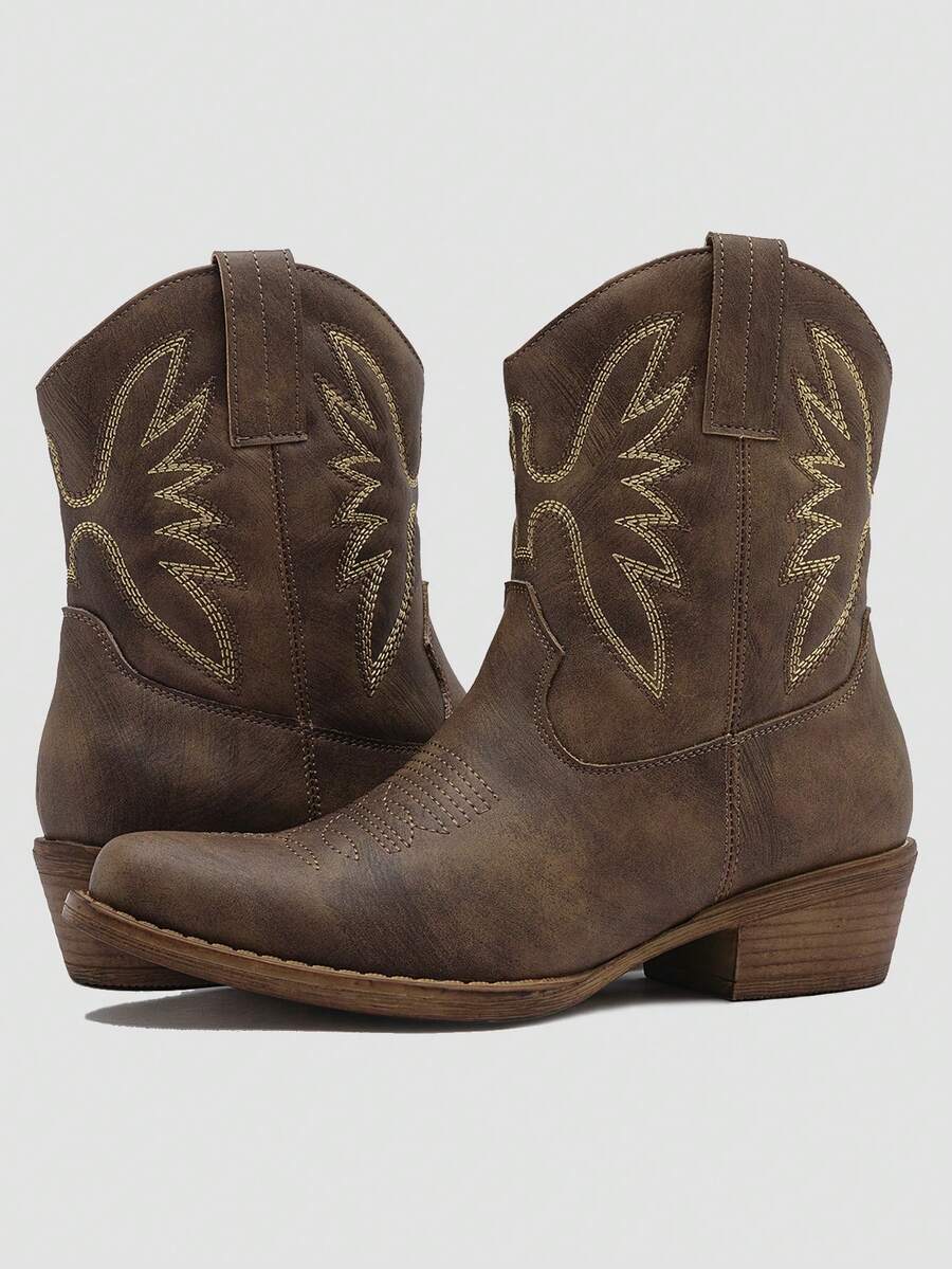 GLOBALWIN Square Toe Cowboy Boots For Women Western Boots With Low Heel Ankle Boots Cow Girls Outfits Women Fall Winter Spring Boots - 棕色 - 查看 1