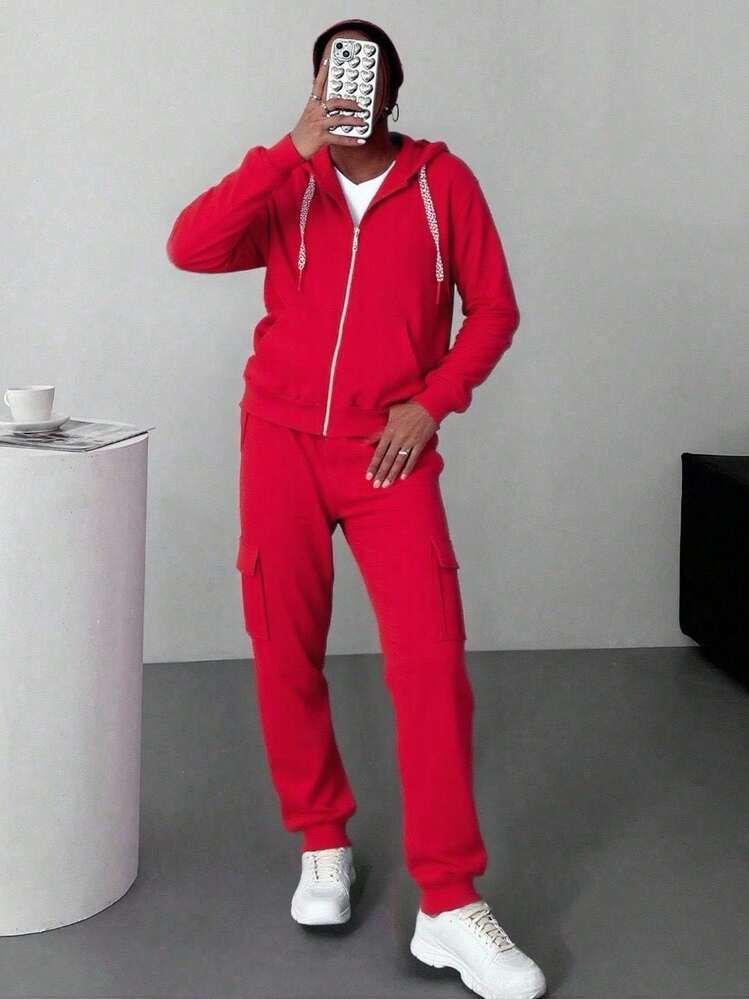 Sudadera Con Capucha De Manga Larga Con Cierre  Y Pantalones Con Bolsillo De Solapa, Traje Deportivo - Rojo - Añade 2