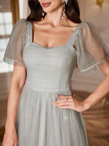 1 Stück graues gepunktetes elegantes gerafftes Mesh-Splice Abendkleid, hochwertiges Abendkleid für Hochzeit, Party, festliche Anlässe, geeignet für Frühling, Sommer, Herbst, Winter