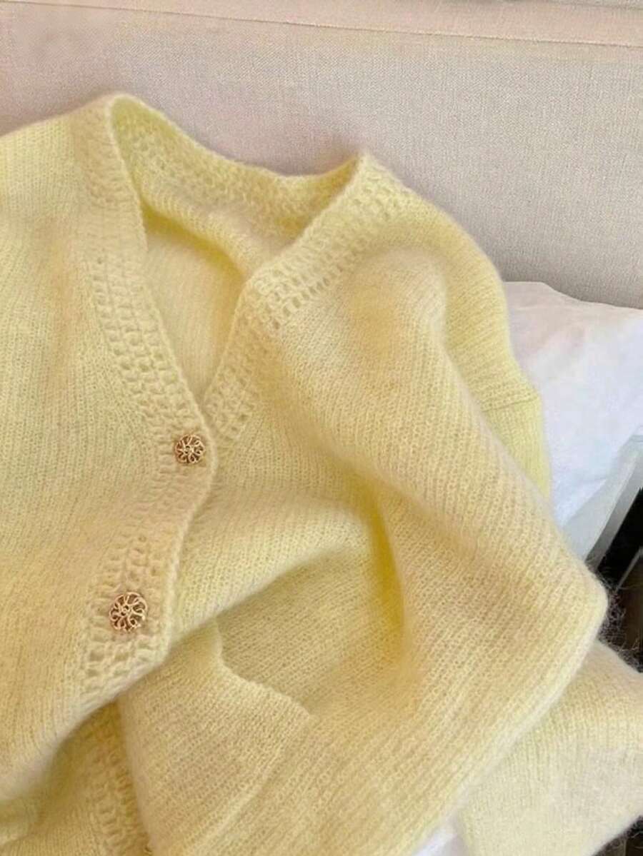 Casual Mohair Solid Color Knit Front Button Hollow Long Sleeve Sweater, Suitable For Everyday And Dates, Spring/Autumn - Light Yellow - View 1