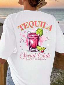 100% Pure Cotton Women's Casual Style White Short - Sleeve T - Shirt With A Tequila Cocktail And Lime Print. The Slogan Is "CHEAPER THAN THERAPY", Sisters Wear, Essential For Outdoor Travel, Women's Casual Short-Sleeve, Streetwear T-Shirt Design, Breathable Fabric