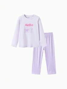 Balabala Set de 2 piezas de pijama de algodón con estampado de letras y dibujos animados para niños y niñas preadolescentes, novedad primavera 2025 - tono morado blanco - Ver 4